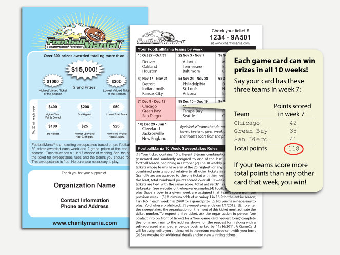 Each FootballMania ticket is assigned 3 random teams playing in the last 10 weeks of the professional football season.