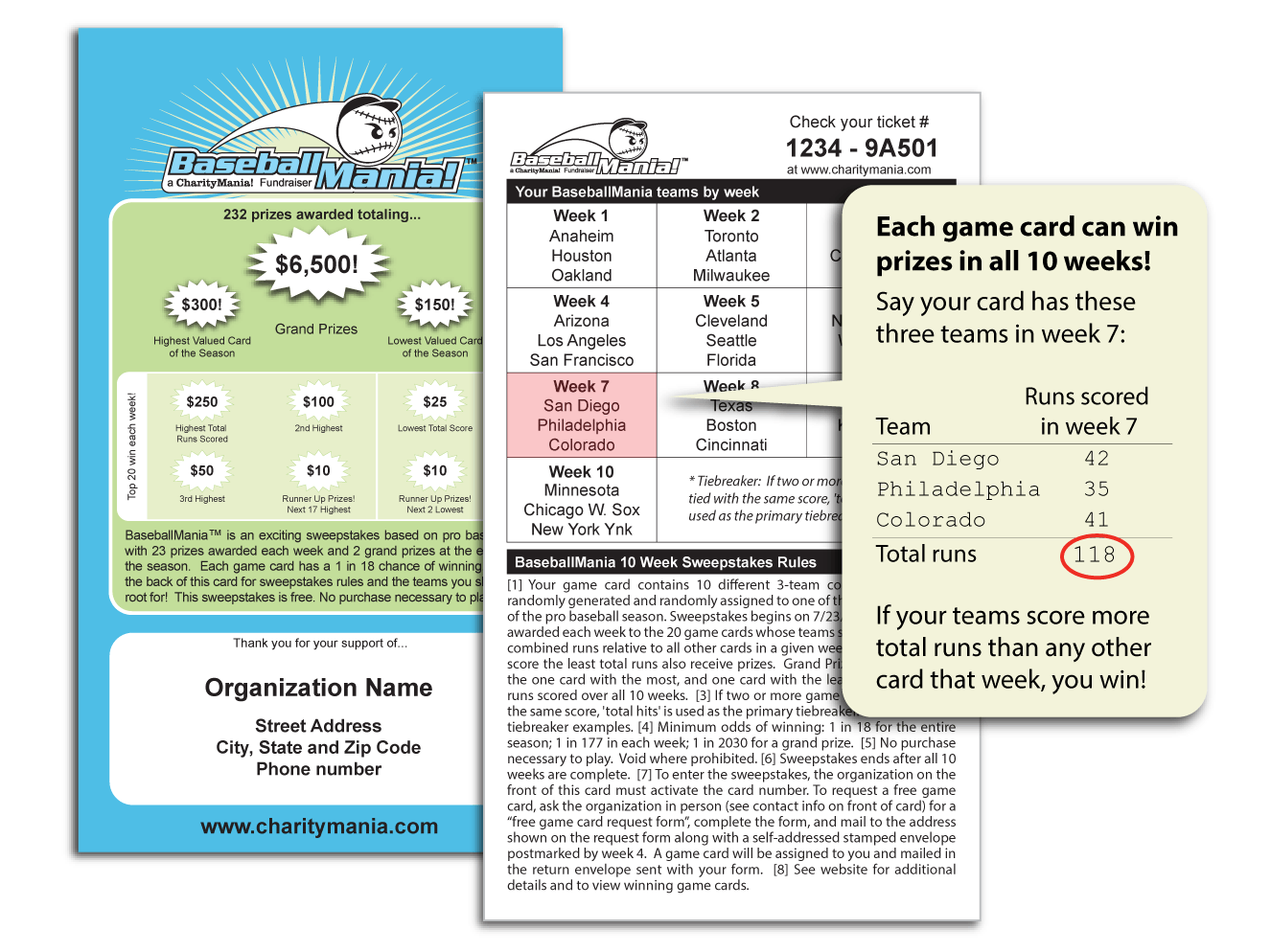 Each BaseballMania game card is assigned 3 random teams playing in the last 10 weeks of the professional baseball season.