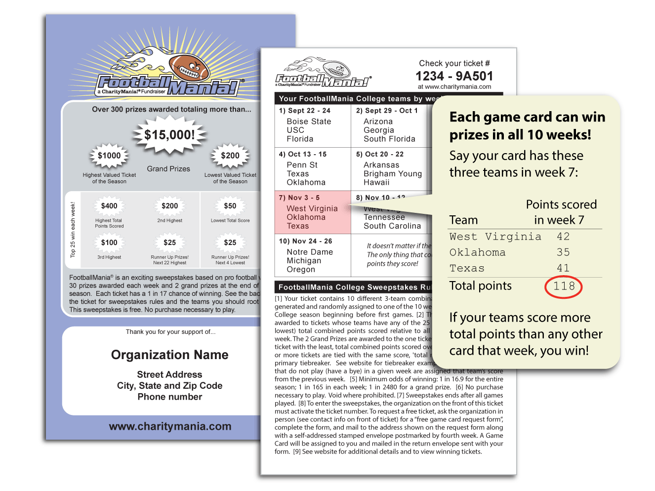 Each FootballMania game card is assigned 3 random teams playing in the college football season.